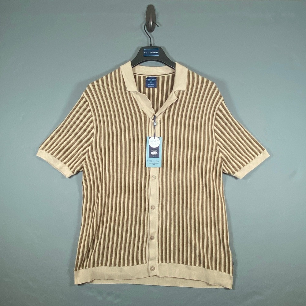 NWT Steel & Jelly Mens Button Shirt Size XL Brown Striped Camisa Short Sleeve